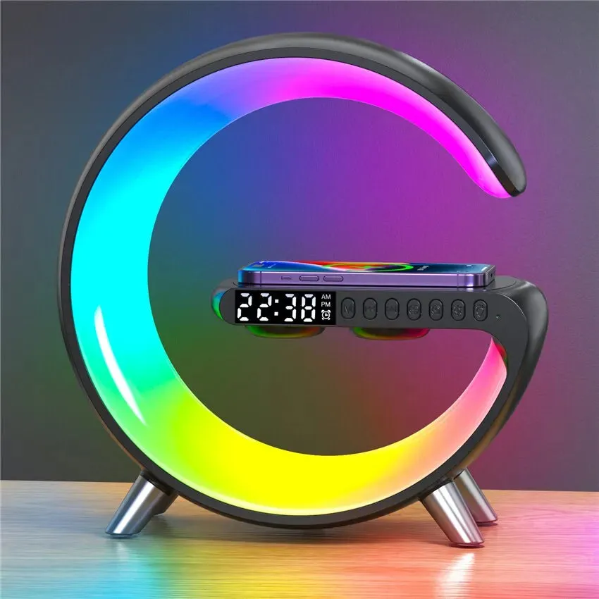 Wireless Charger Stand Alarm Clock Bluetooth Speaker LED Lamp RGB Night Light Fast Charging Station for iPhone Samsung Xiaomi