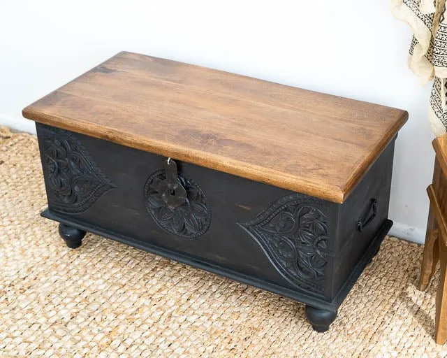 Wood Carving Storage Box | Hand-carved Black Wooden Blanket Box