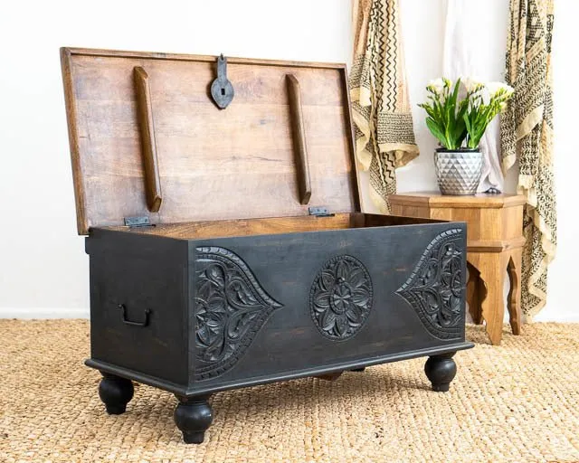 Wood Carving Storage Box | Hand-carved Black Wooden Blanket Box