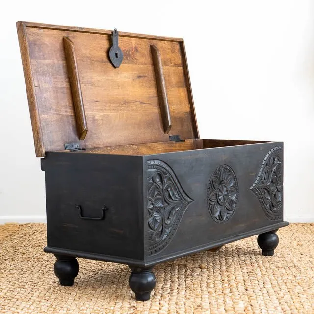 Wood Carving Storage Box | Hand-carved Black Wooden Blanket Box