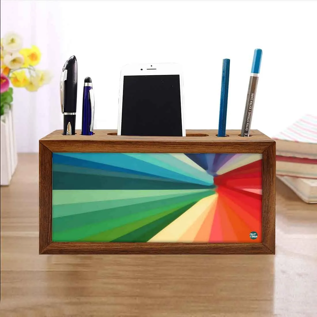 Wooden desk organizer Pen Mobile Stand - Multicolor Strips