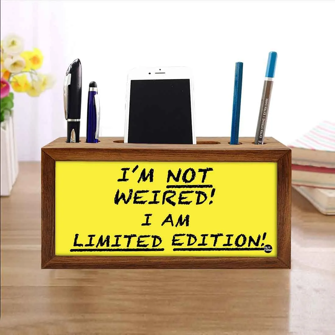 Wooden pencil organizer Pen Mobile Stand - I Am Not Weired