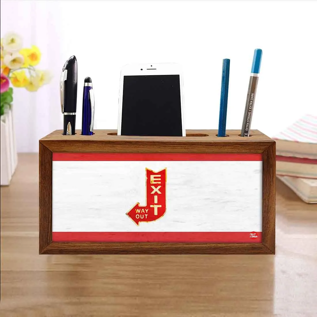 Wooden Stationery Organiser Pen Mobile Stand - Exit