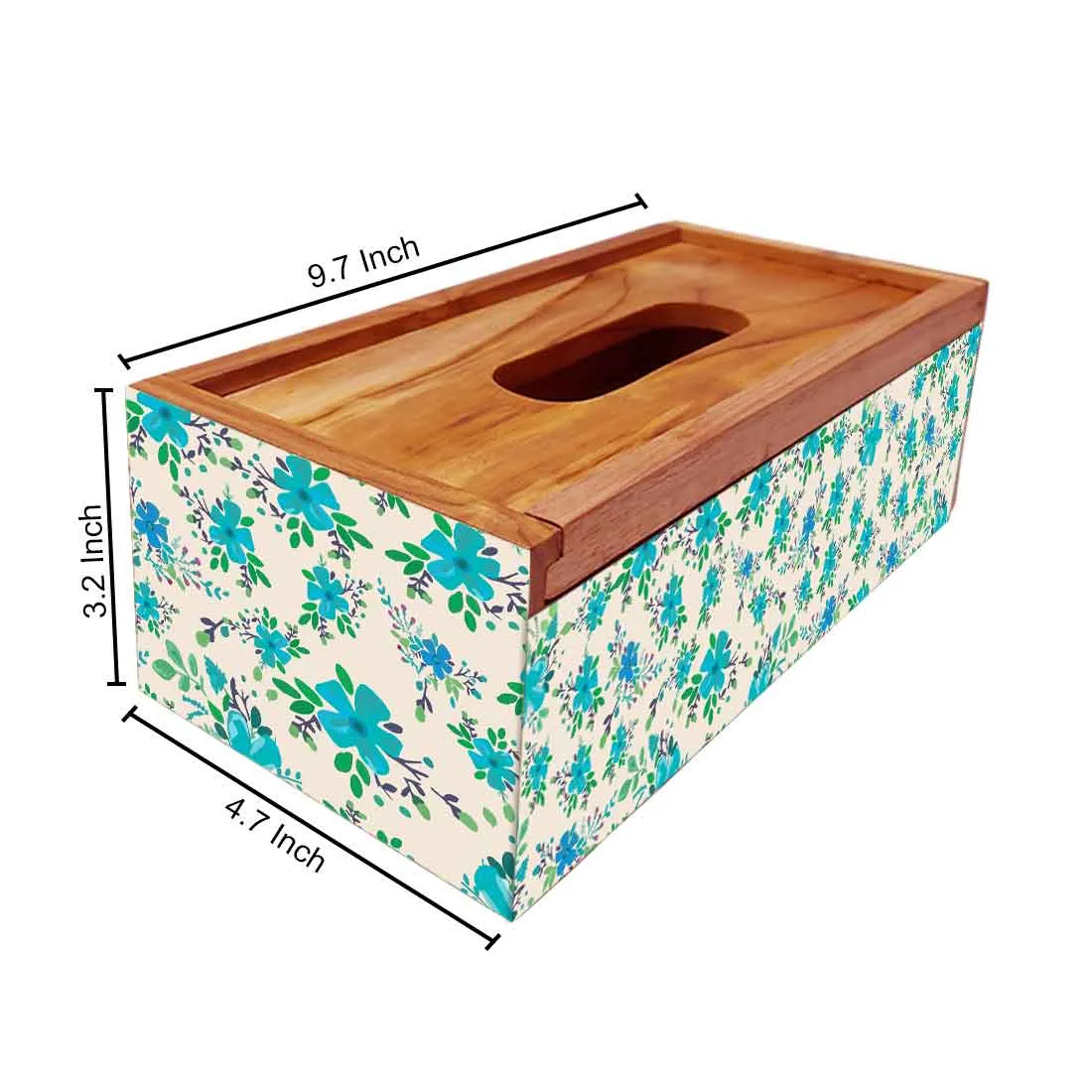 Wooden Tissue Box Holder for Office Home Car Use - Blue Flowers